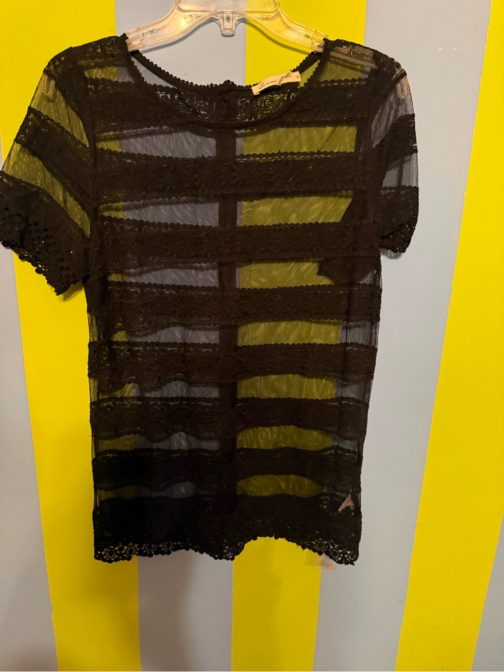 Black Sheer Lace Stripe Short-Sleeve Top size medium with button up back
